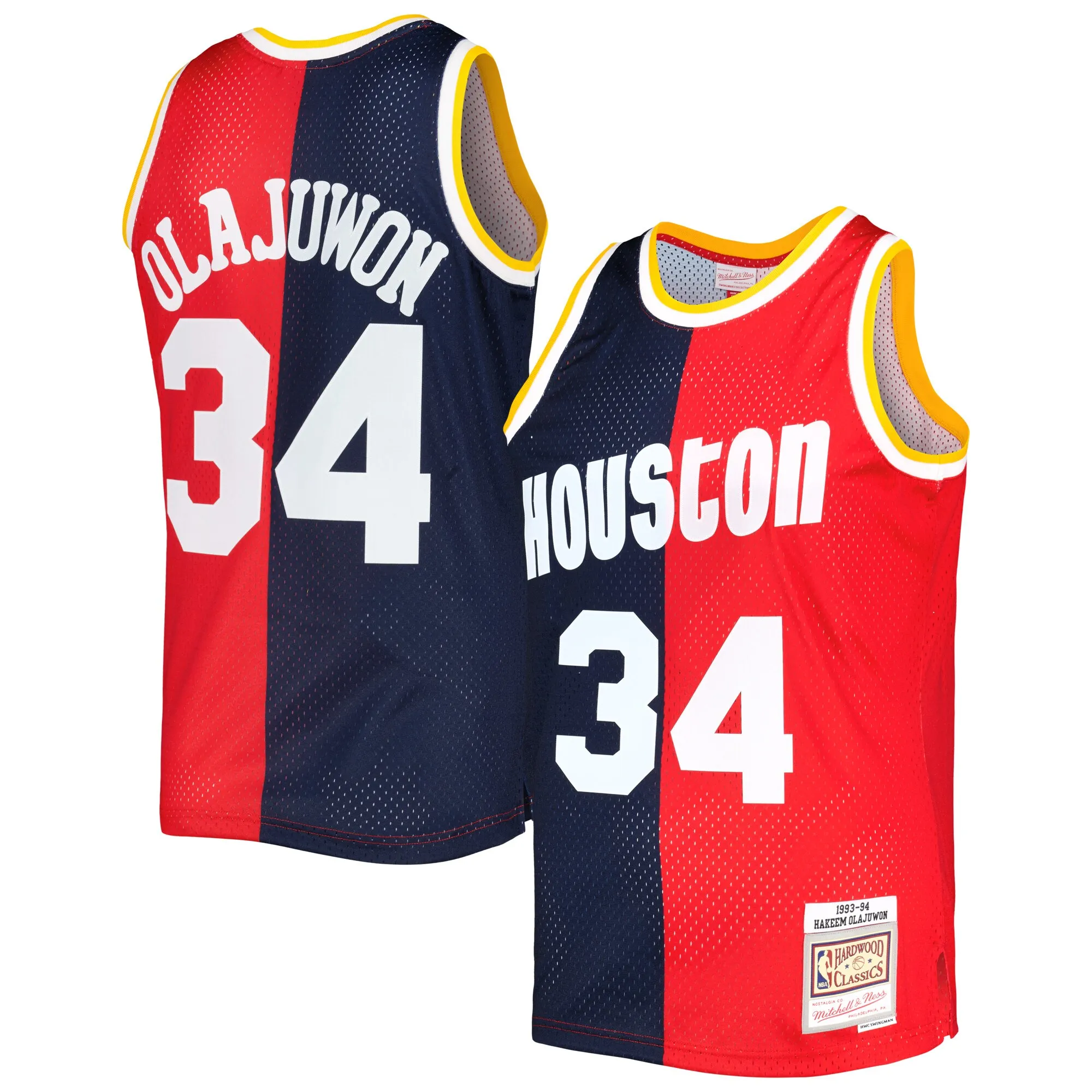 Hakeem Olajuwon Houston Rockets Mitchell & Ness Hardwood Classics 1993-94 Split Swingman Jersey - Navy-Red