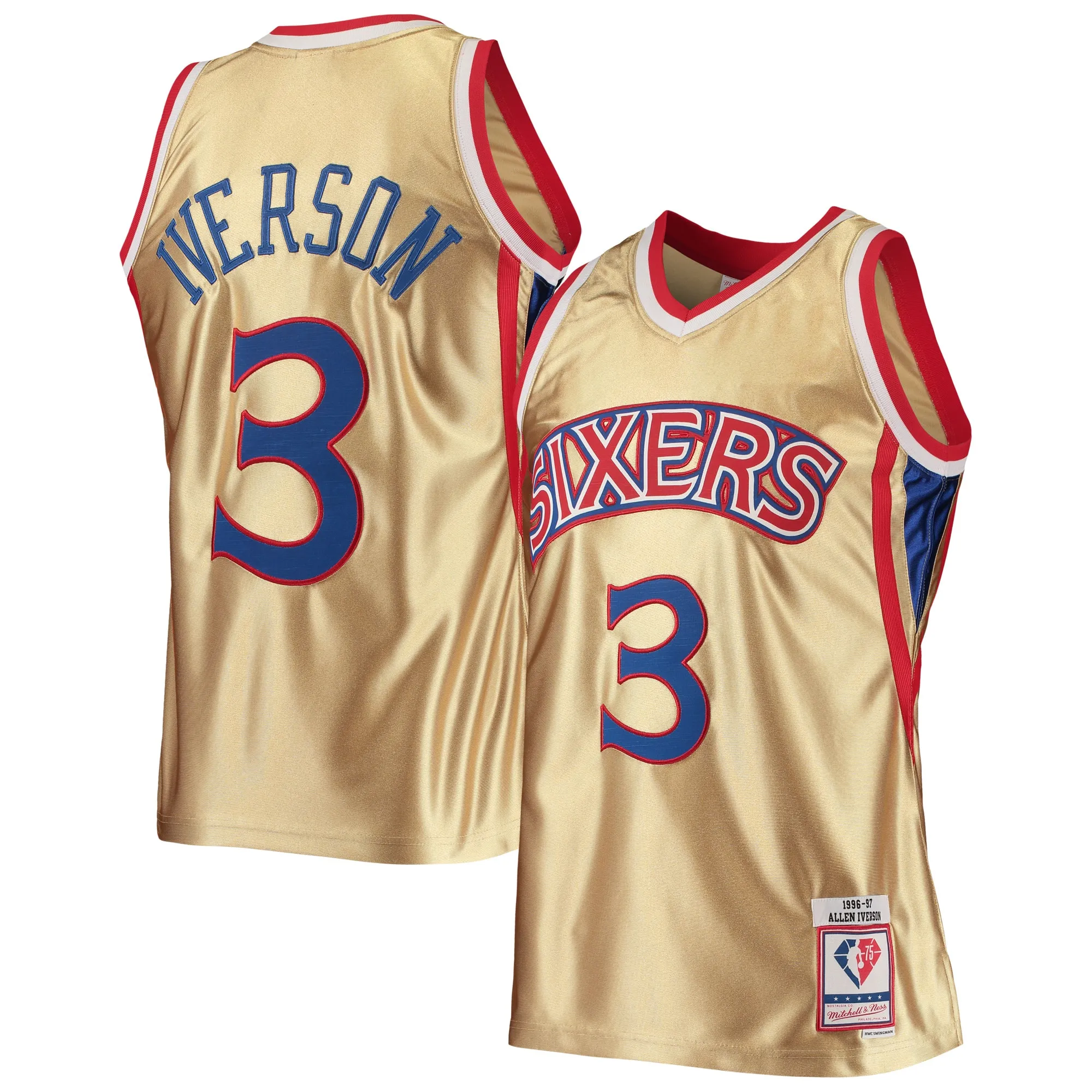 Allen Iverson Philadelphia 76ers Mitchell & Ness 75th Anniversary 1996-97 Hardwood Classics Swingman Jersey - Gold