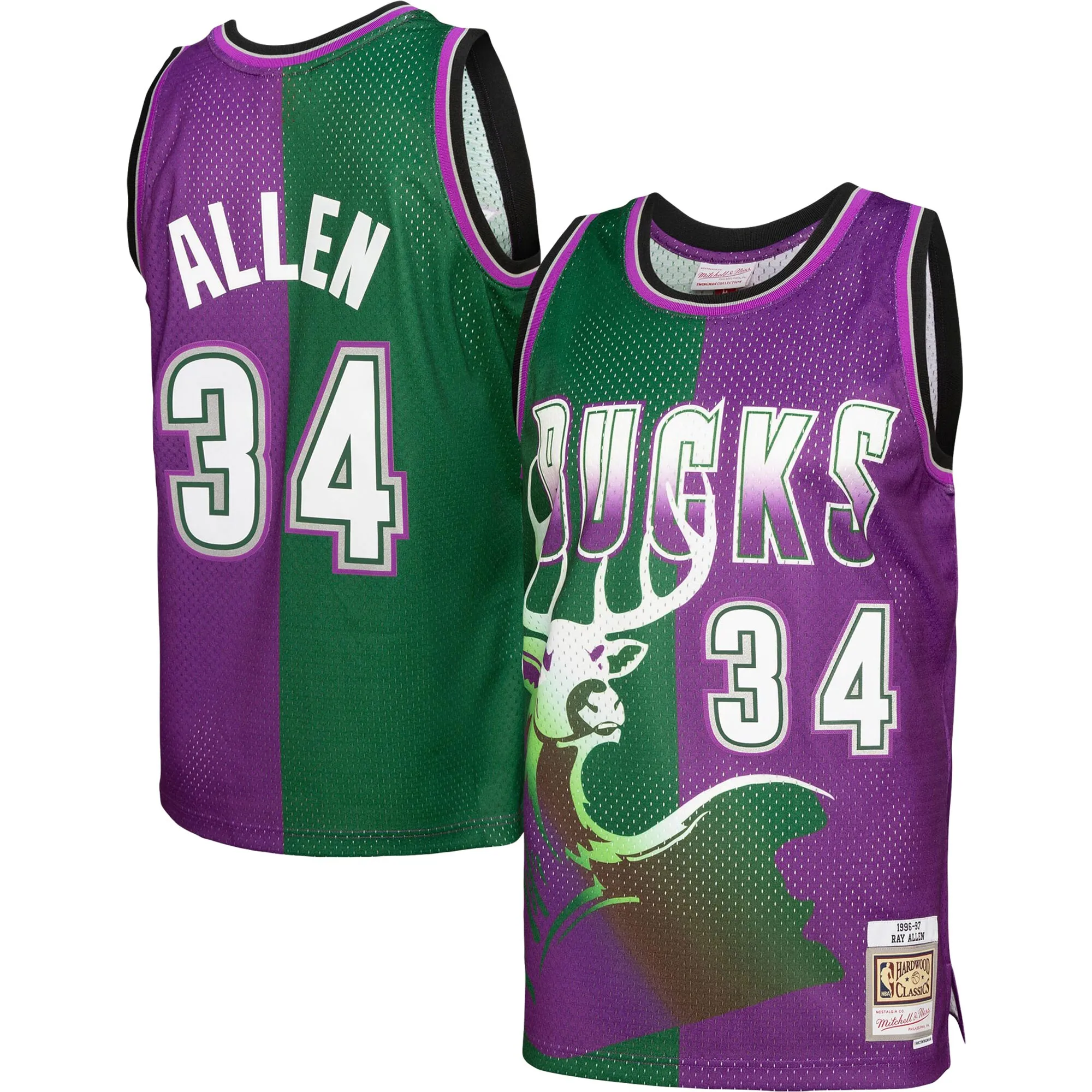 Ray Allen Milwaukee Bucks Mitchell & Ness Hardwood Classics 1996-97 Split Swingman Jersey - Green-Purple