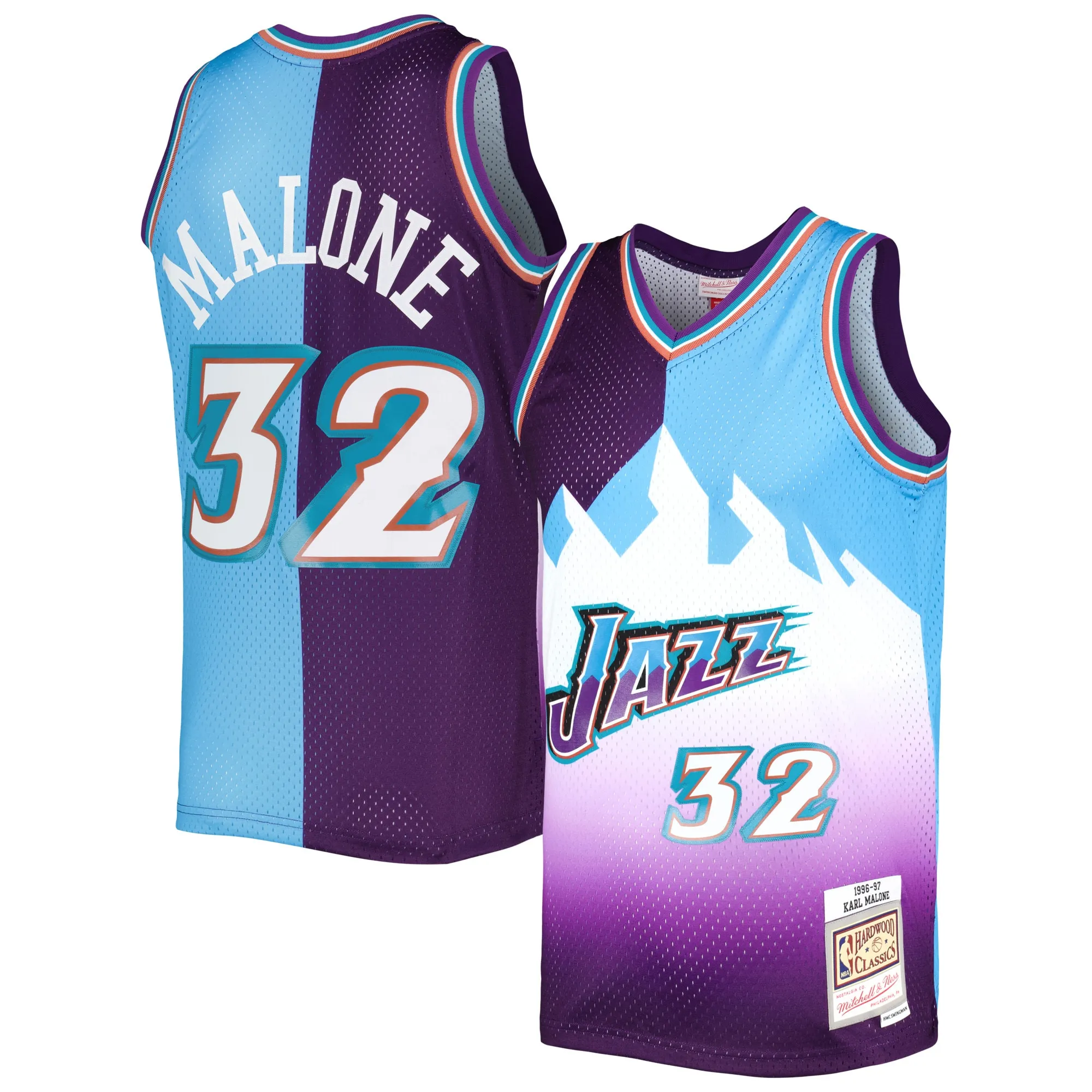 Karl Malone Utah Jazz Mitchell & Ness Hardwood Classics 1996-97 Split Swingman Jersey - Purple-Turquoise