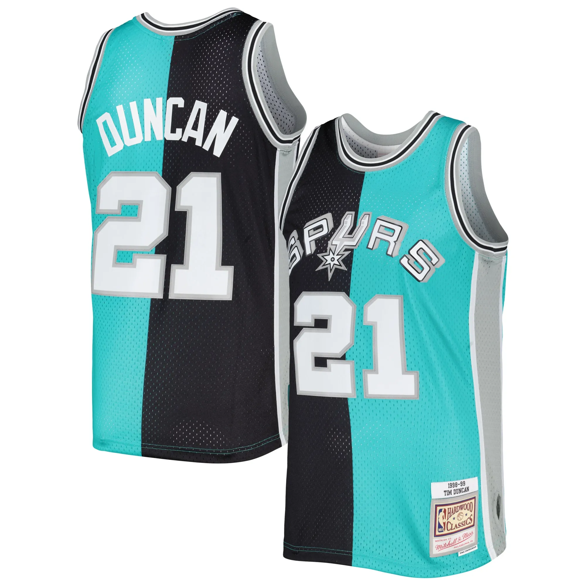 Tim Duncan San Antonio Spurs Mitchell & Ness Hardwood Classics 1998-99 Split Swingman Jersey - Black-Teal