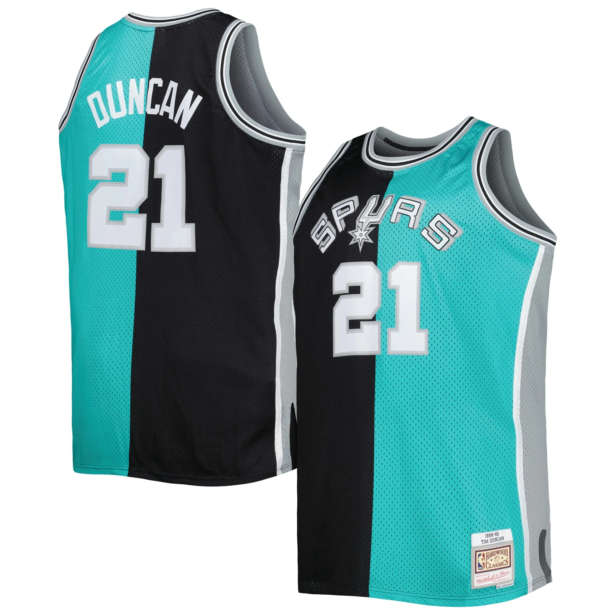 Tim Duncan San Antonio Spurs Mitchell & Ness Big & Tall Hardwood Classics 1998-99 Split Swingman Jersey - Black-Teal