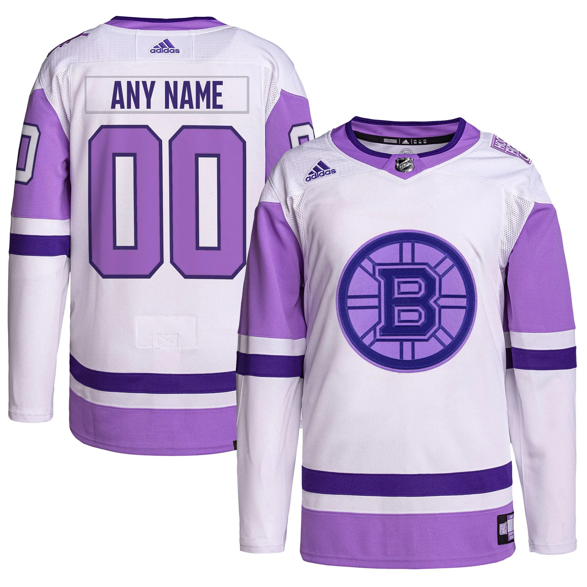 Boston Bruins adidas Hockey Fights Cancer Primegreen Authentic Custom Jersey - White-Purple