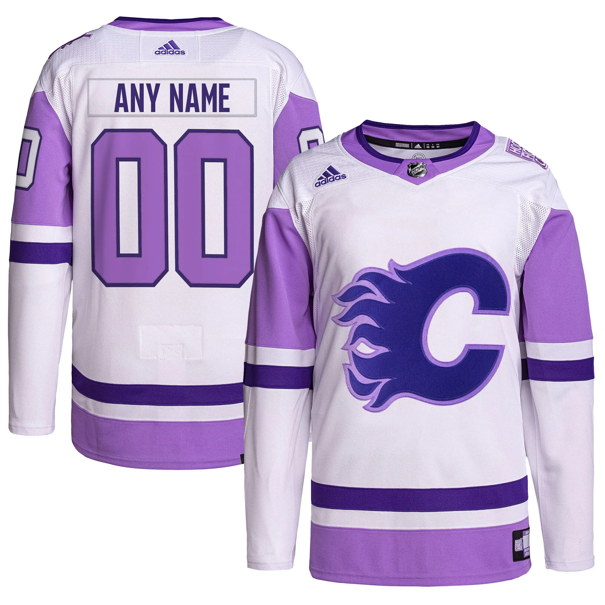Calgary Flames adidas Hockey Fights Cancer Primegreen Authentic Custom Jersey - White-Purple
