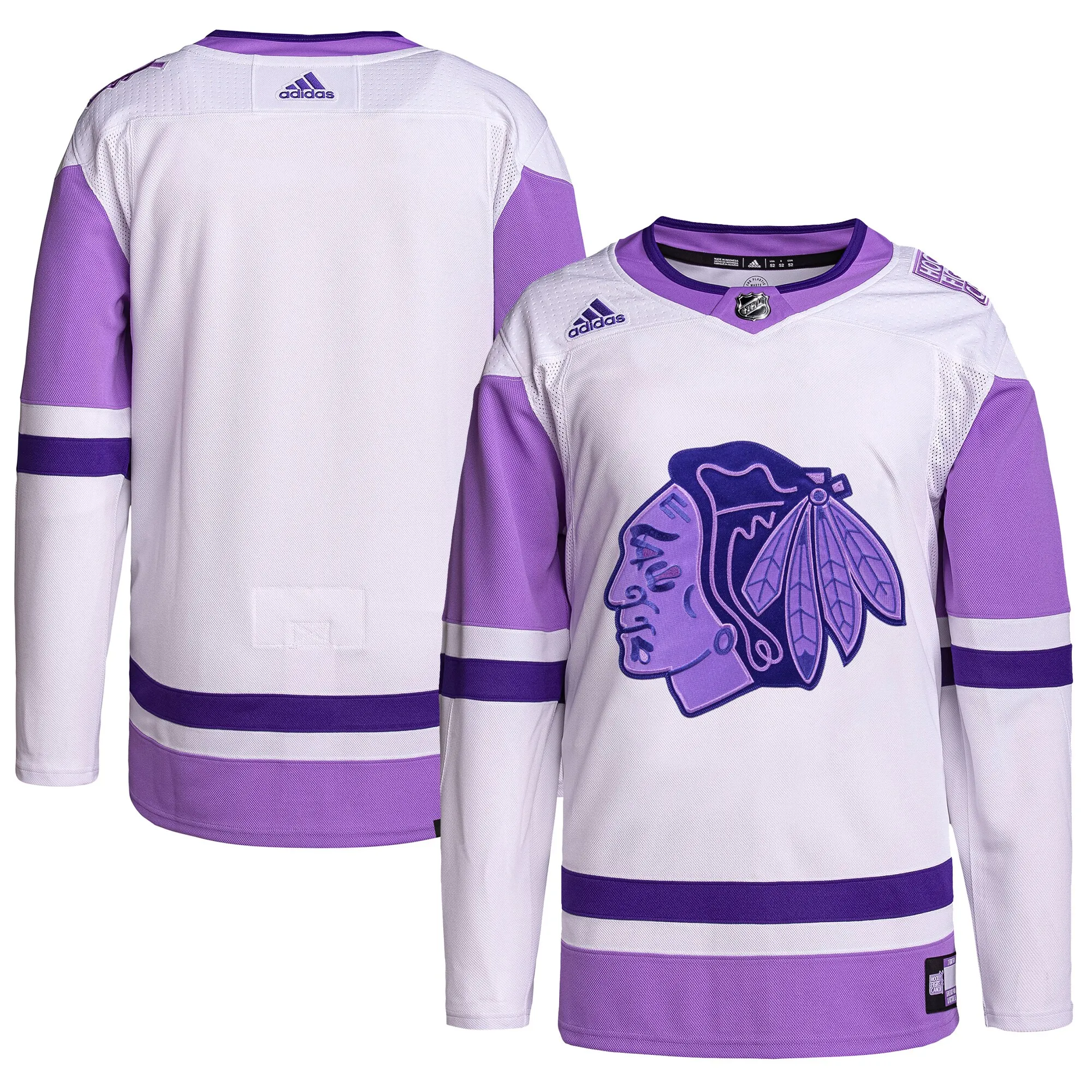 Chicago Blackhawks adidas Hockey Fights Cancer Primegreen Authentic Blank Practice Jersey - White-Purple