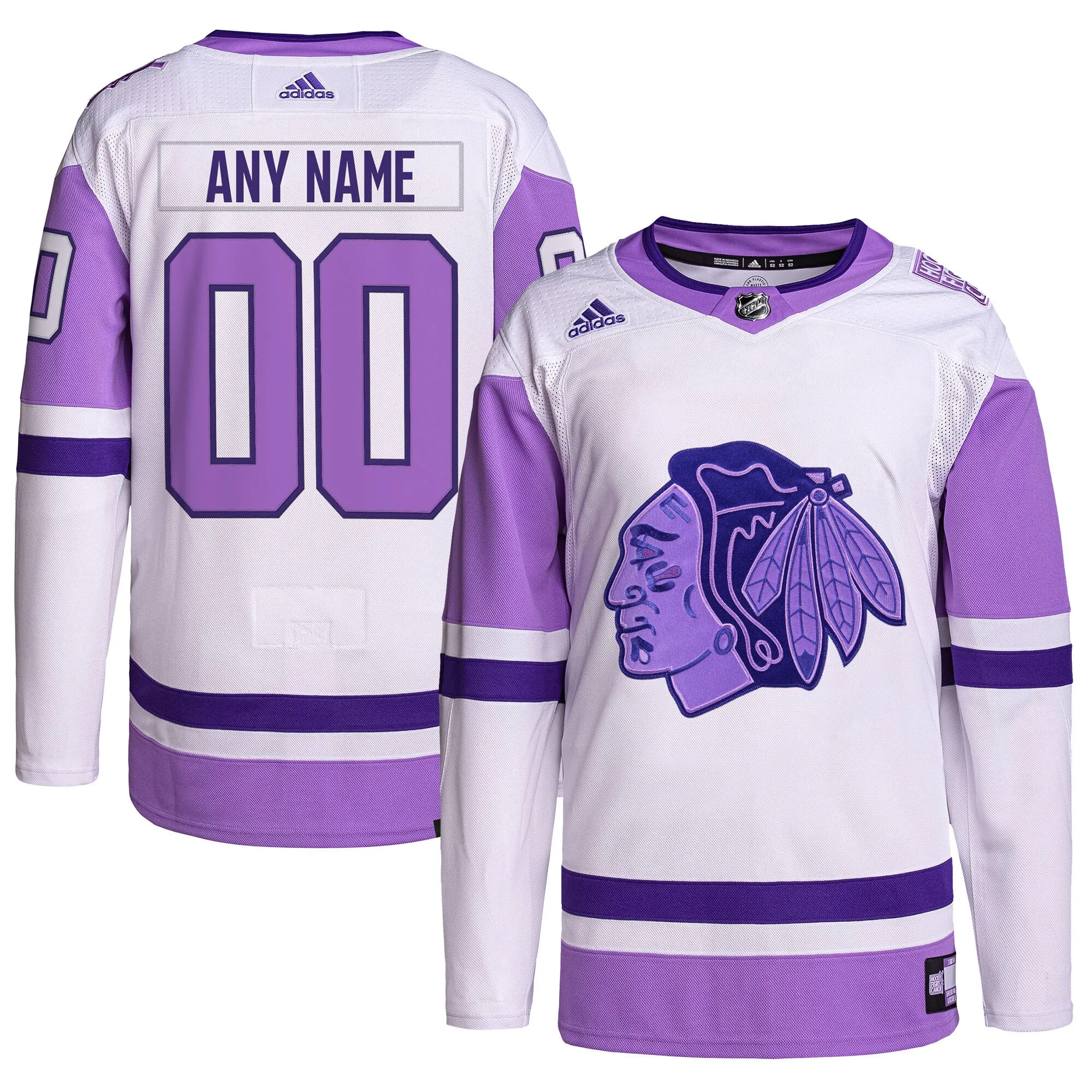 Chicago Blackhawks adidas Hockey Fights Cancer Primegreen Authentic Custom Jersey - White-Purple