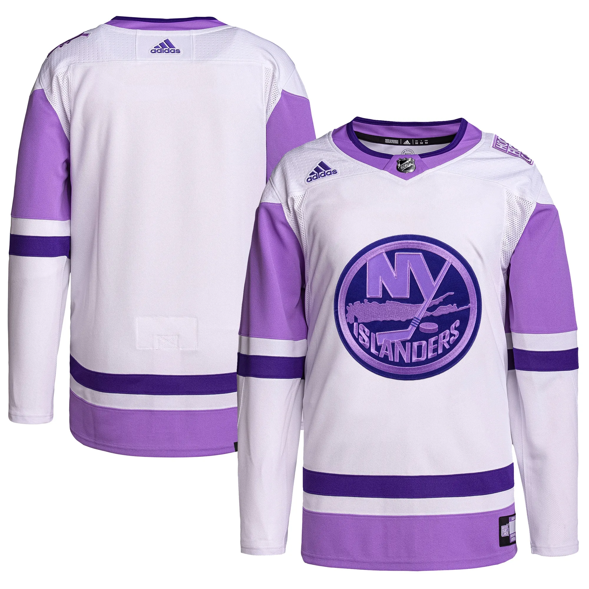 New York Islanders adidas Hockey Fights Cancer Primegreen Authentic Blank Practice Jersey - White-Purple