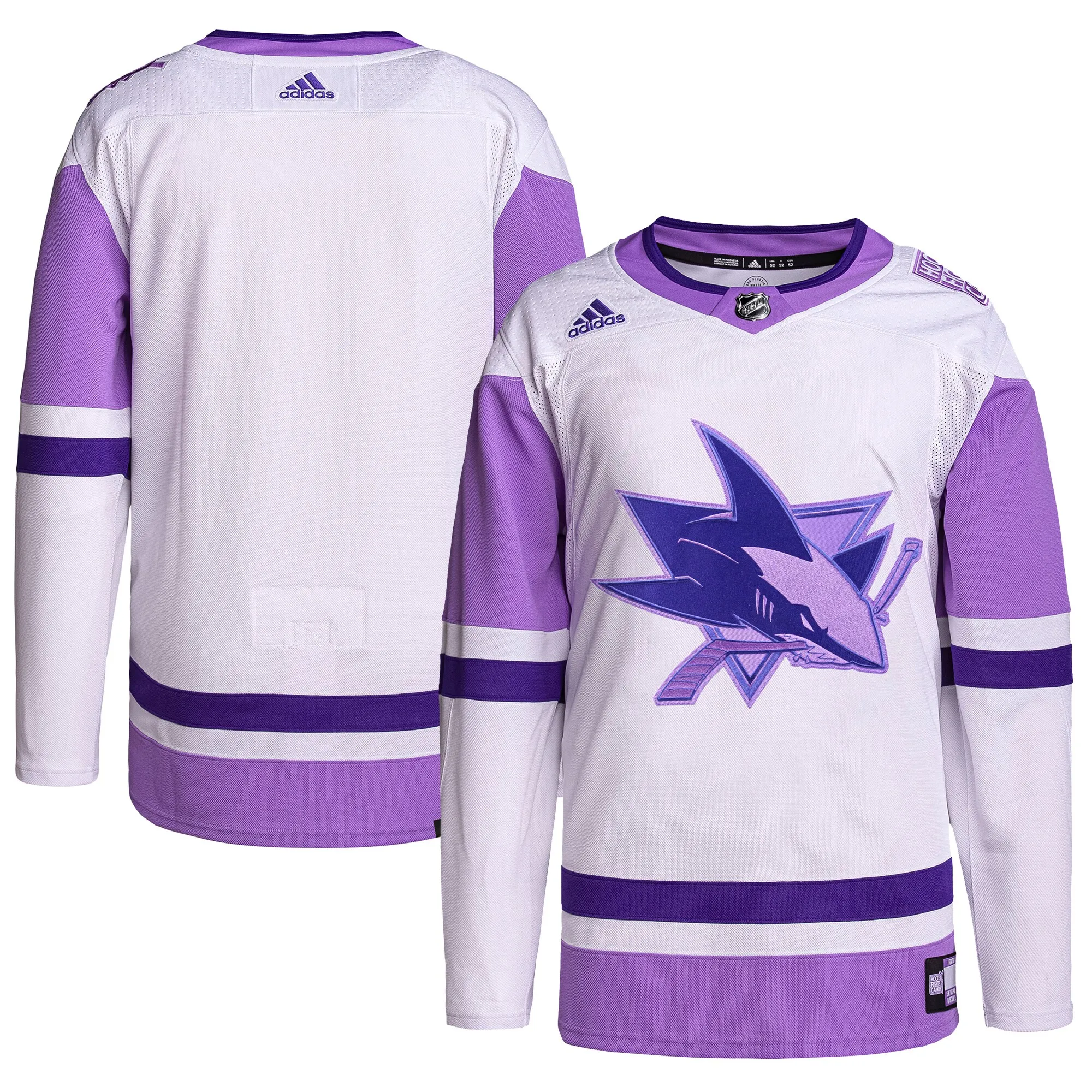San Jose Sharks adidas Hockey Fights Cancer Primegreen Authentic Blank Practice Jersey - White-Purple