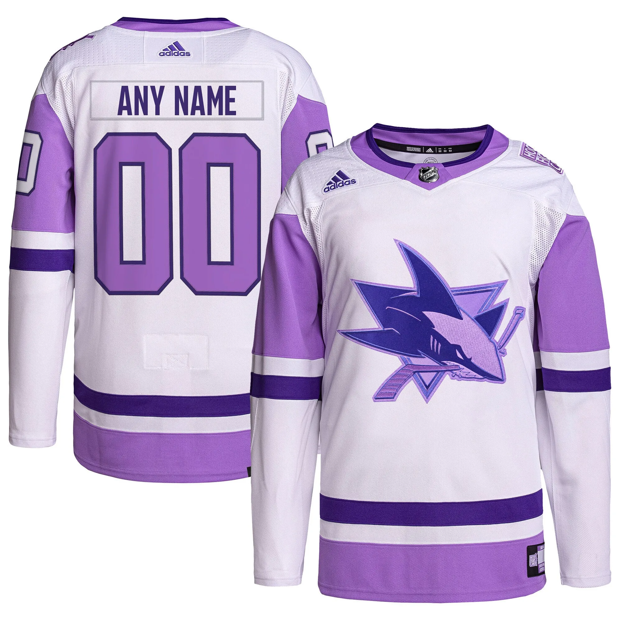 San Jose Sharks adidas Hockey Fights Cancer Primegreen Authentic Custom Jersey - White-Purple