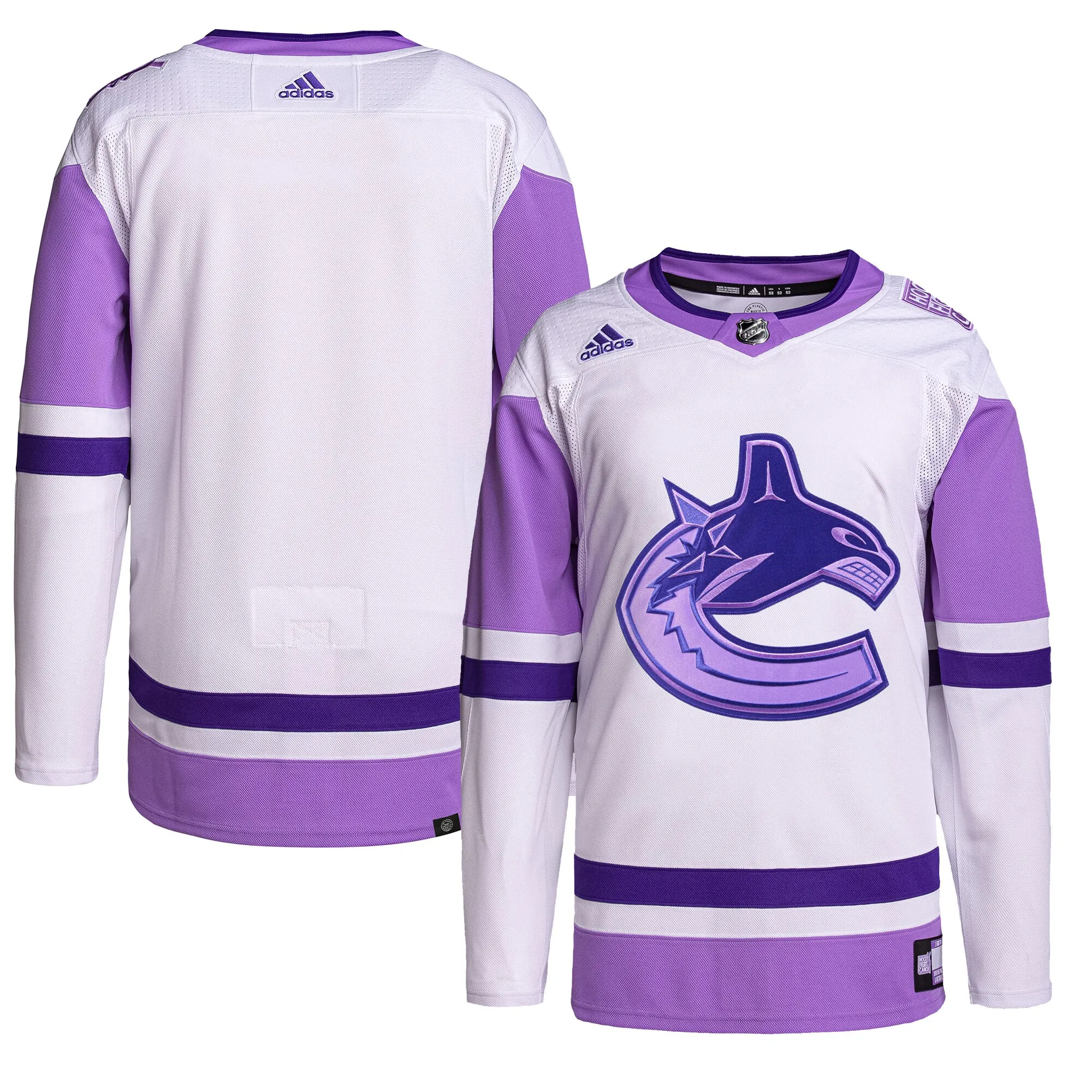 Vancouver Canucks adidas Hockey Fights Cancer Primegreen Authentic Blank Practice Jersey - White-Purple