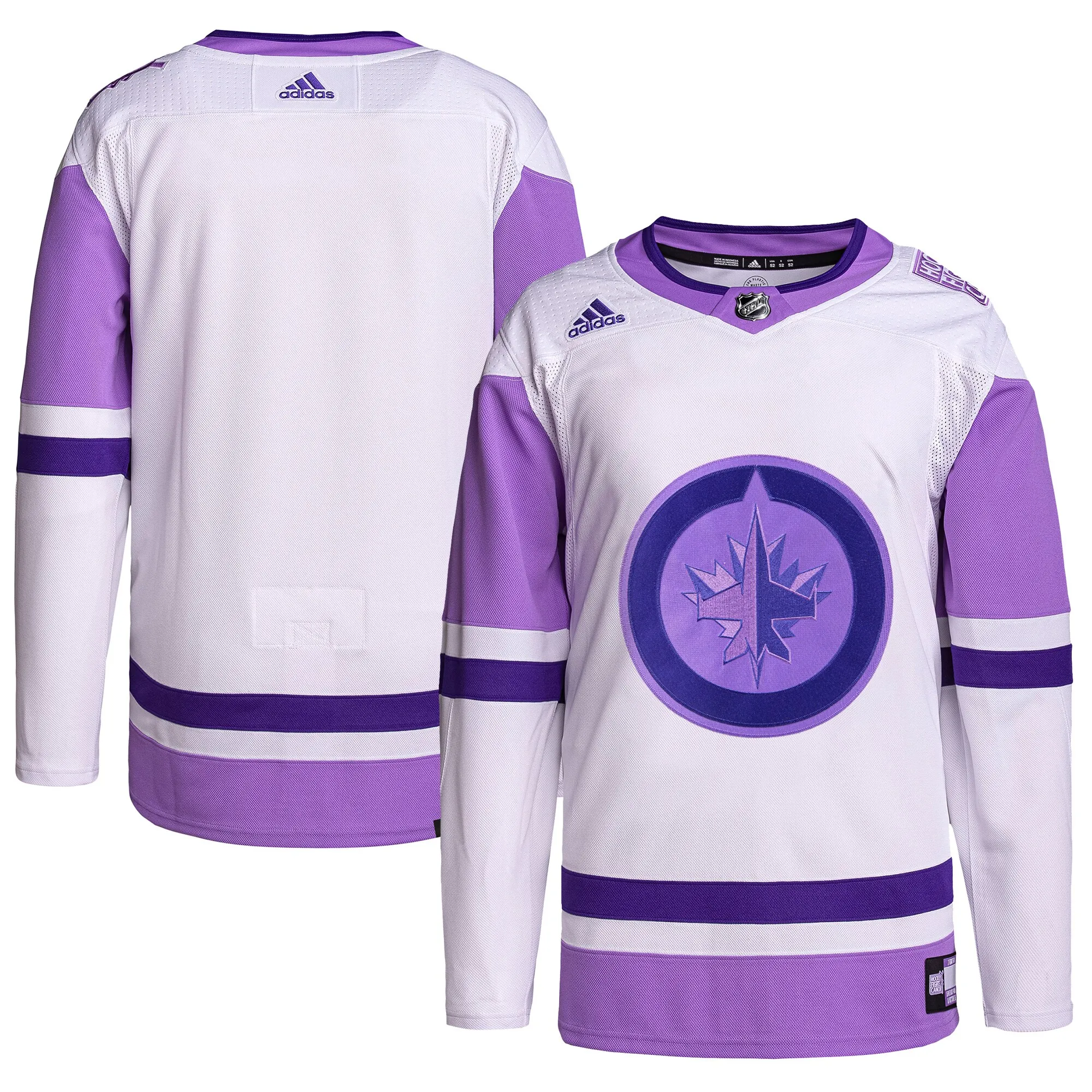 Winnipeg Jets adidas Hockey Fights Cancer Primegreen Authentic Blank Practice Jersey - White-Purple