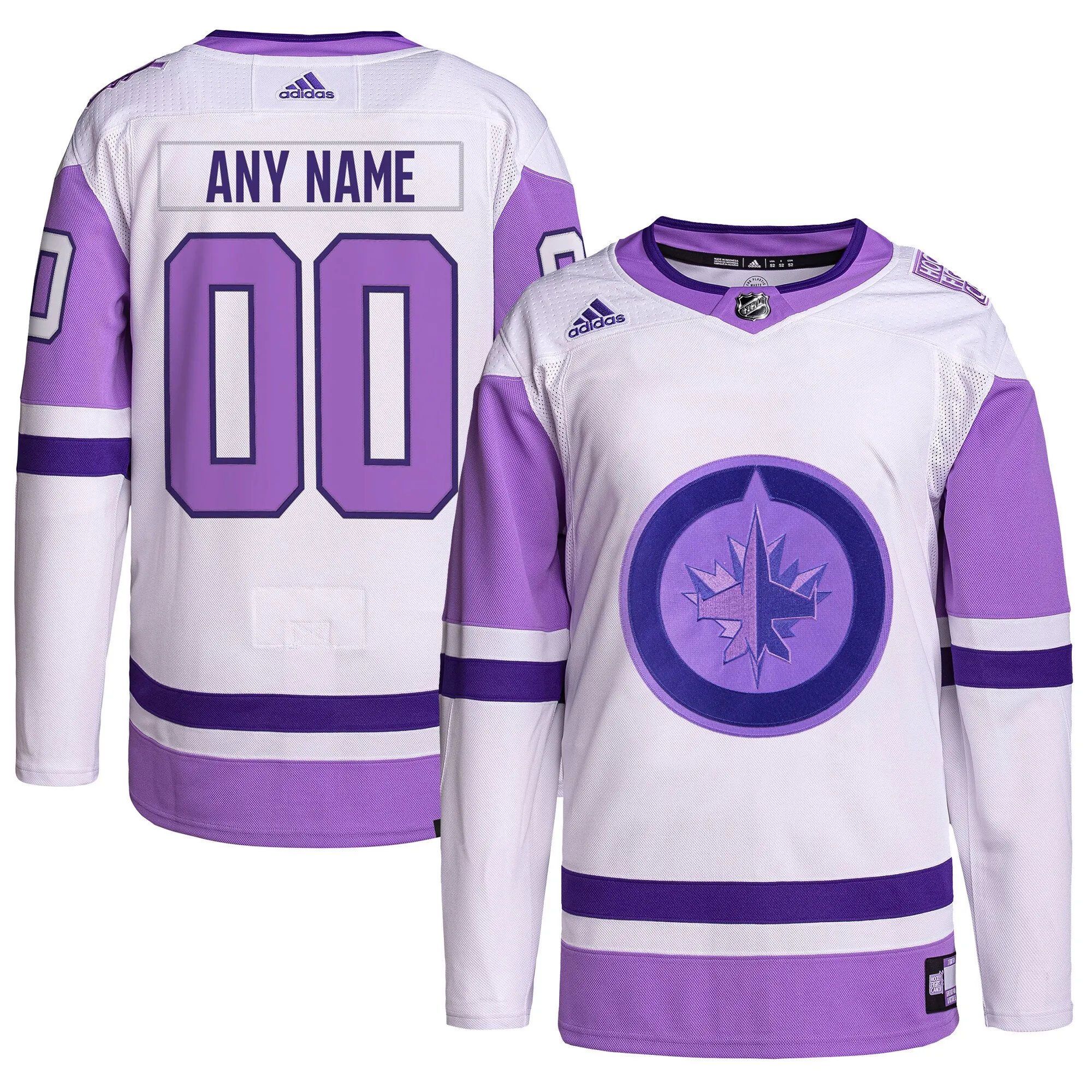 Winnipeg Jets adidas Hockey Fights Cancer Primegreen Authentic Custom Jersey - White-Purple