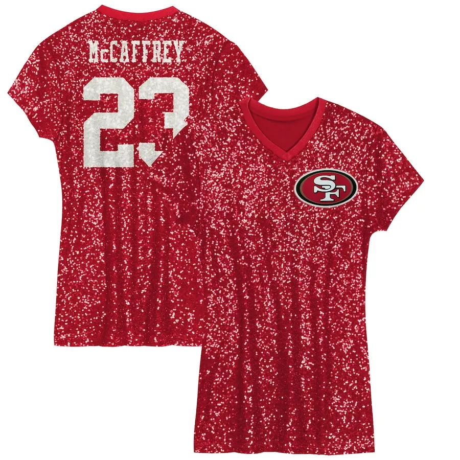 Christian McCaffrey San Francisco 49ers Girls Youth Sequin Player Name &amp Number V-Neck Dress - Scarlet
