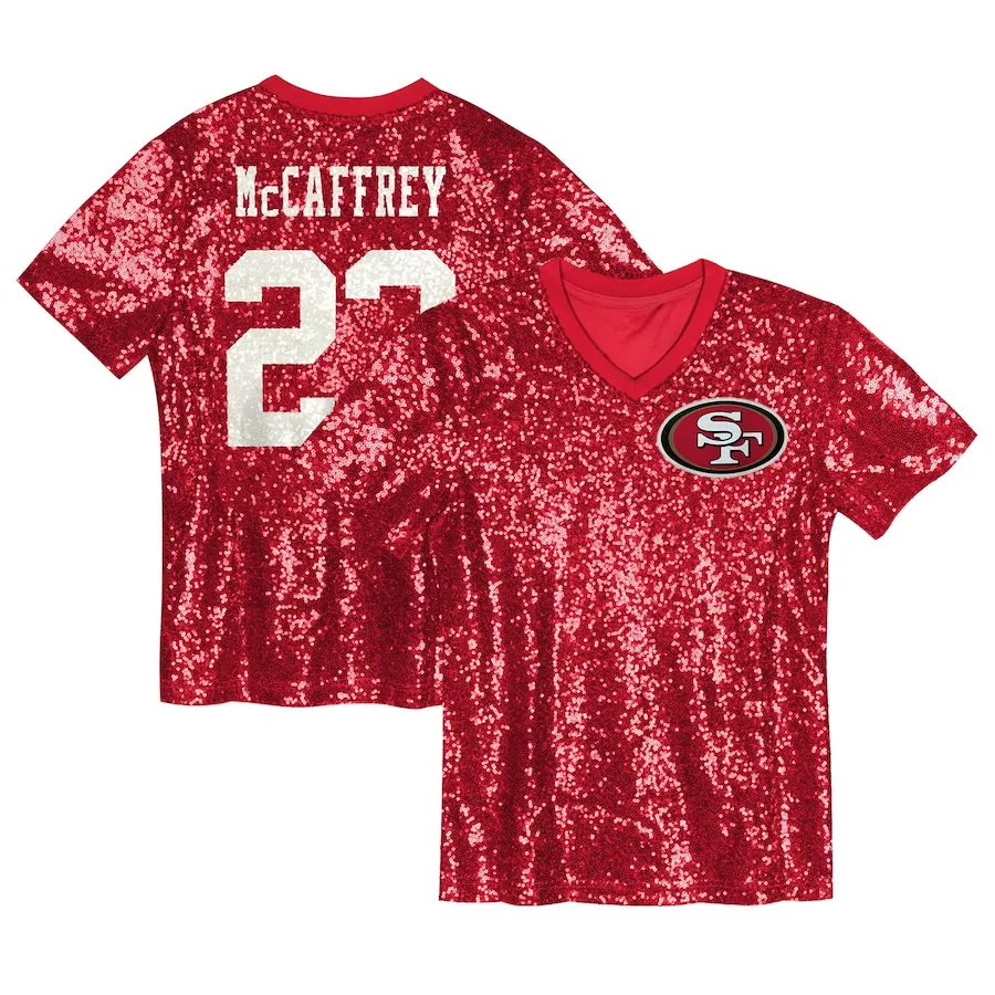 Christian McCaffrey San Francisco 49ers Girls Youth Sequin V-Neck Fashion Jersey - Scarlet