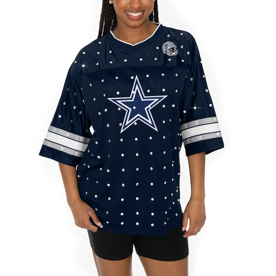 Dallas Cowboys Gameday Couture Women's Kickoff Time Allover Rhinestone Sports Stripe Jersey V-Neck T-Shirt - Navy