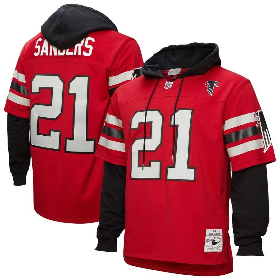 Deion Sanders Atlanta Falcons Mitchell &amp Ness Player Name &amp Number Hoodie Legacy Jersey - Red