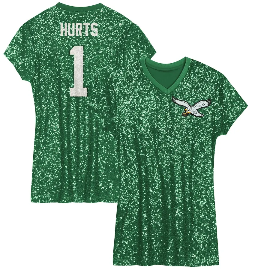 Jalen Hurts Philadelphia Eagles Girls Youth Sequin Player Name &amp Number V-Neck Dress - Kelly Green