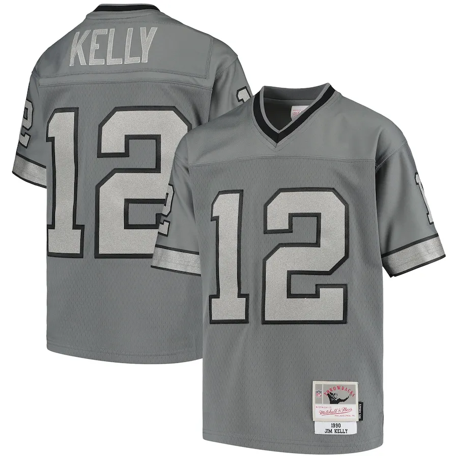 Jim Kelly Buffalo Bills Mitchell &amp Ness Youth 1990 Retired Player Metal Replica Jersey - Charcoal