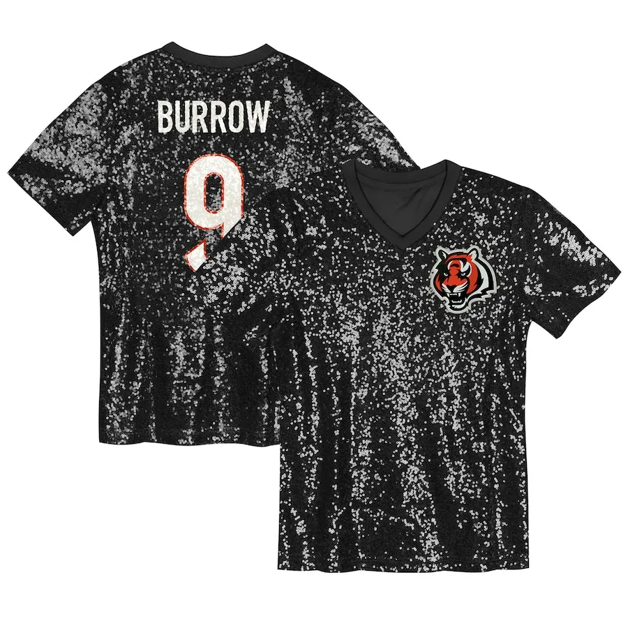 Joe Burrow Cincinnati Bengals Girls Youth Sequin V-Neck Fashion Jersey - Black