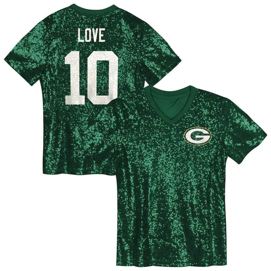 Jordan Love Green Bay Packers Girls Youth Sequin V-Neck Fashion Jersey - Green