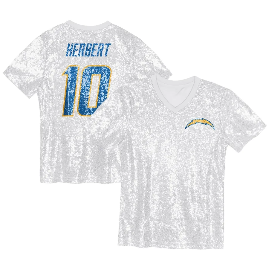 Justin Herbert Los Angeles Chargers Girls Youth Sequin V-Neck Fashion Jersey - Powder Blue