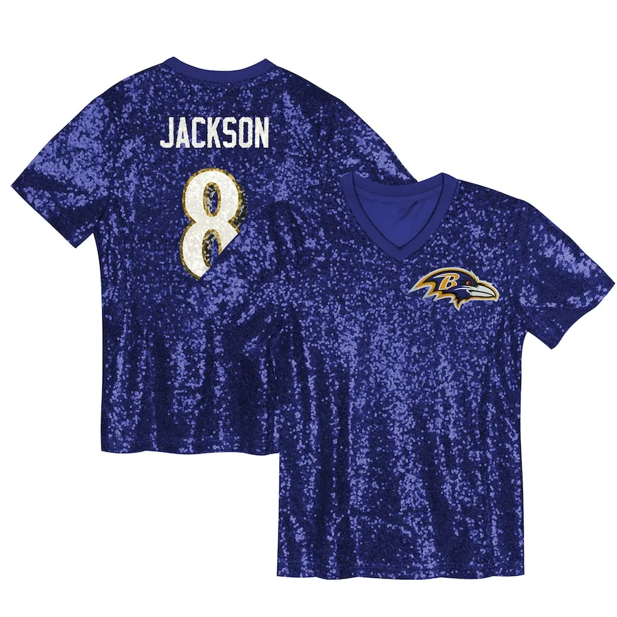 Lamar Jackson Baltimore Ravens Girls Youth Sequin V-Neck Fashion Jersey - Purple