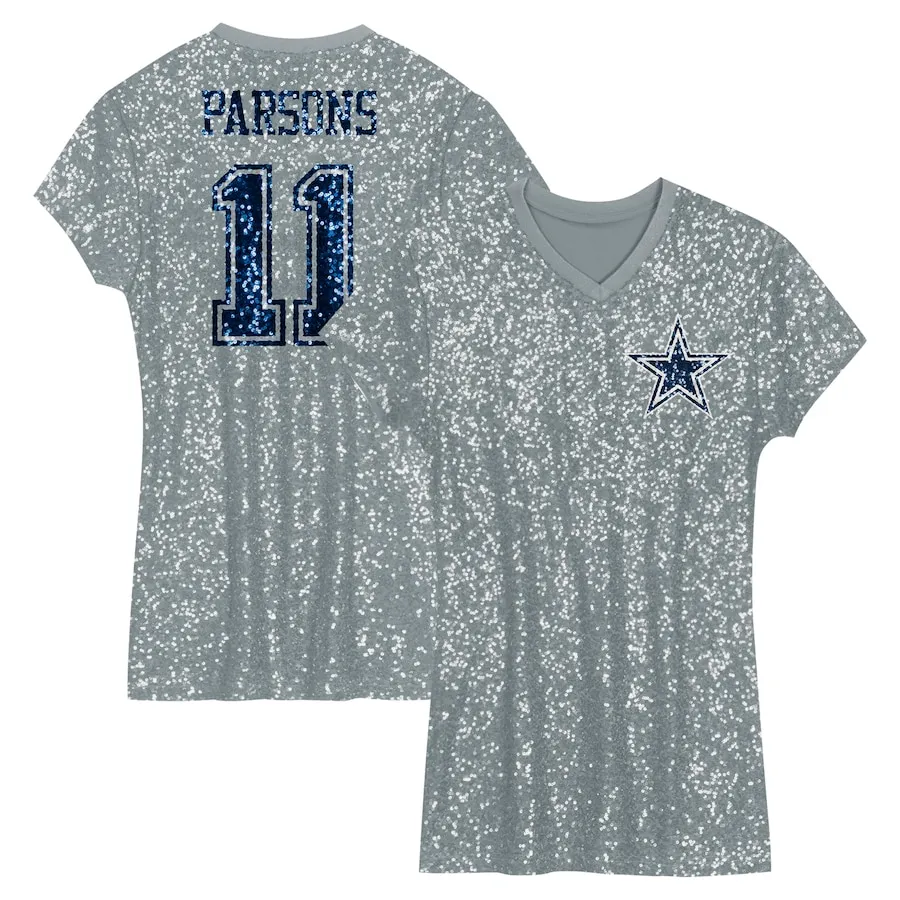 Micah Parsons Dallas Cowboys Girls Youth Sequin Player Name &amp Number V-Neck Dress - Silver