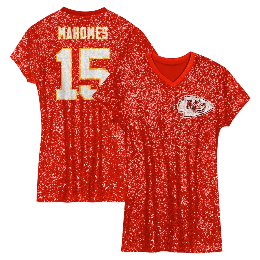 Patrick Mahomes Kansas City Chiefs Girls Youth Sequin Player Name &amp Number V-Neck Dress - Red