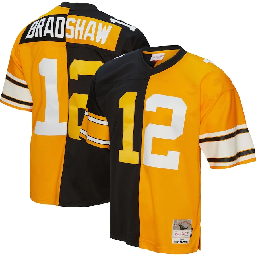 Terry Bradshaw Pittsburgh Steelers Mitchell &amp Ness 1976 Split Legacy Replica Jersey - BlackGold